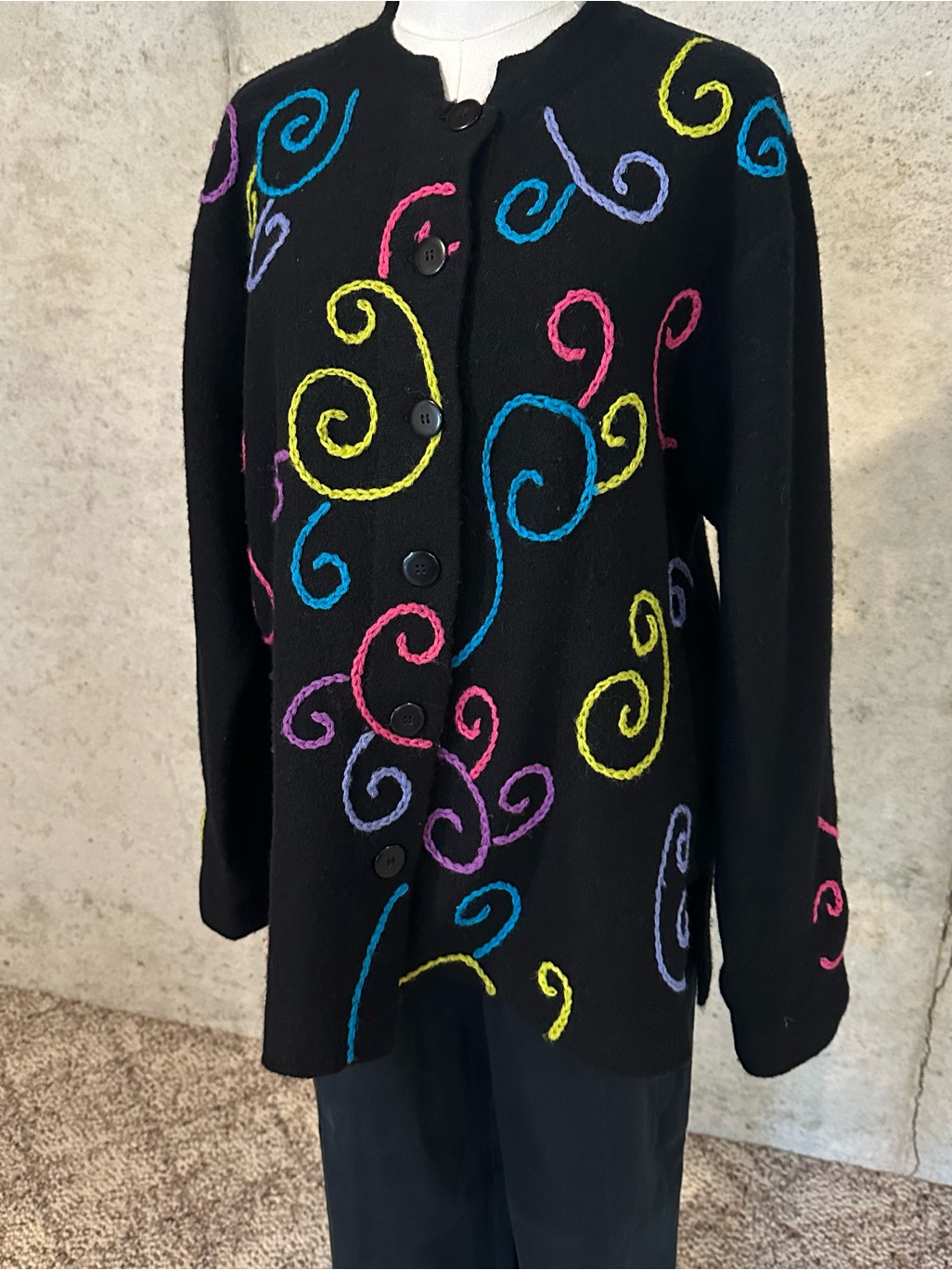Coldwater Creek Colorful Embroidered Wool Cardigan Maximalism 90s Sweater Size L
